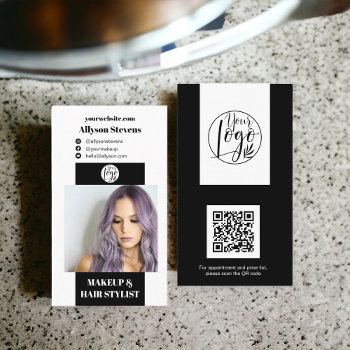 Modern Black White Makeup Hair Photo Qr Code Logo Business Card by girly_trend at Zazzle