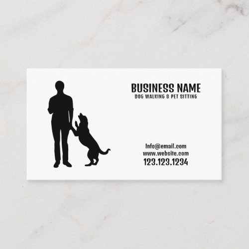 Modern Black  White Man Silhouette Dog Walking Business Card