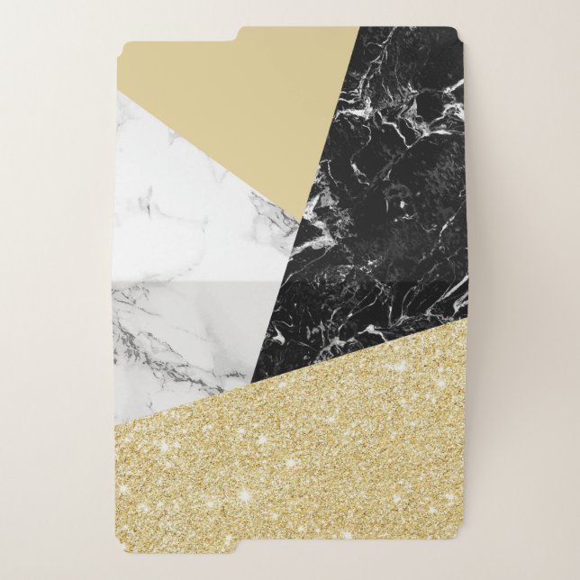 Modern black white marble chic gold glitter file folder (Outside Left)