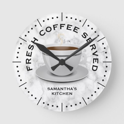 Modern Black White Marble Coffee Theme Kitchen   Round Clock