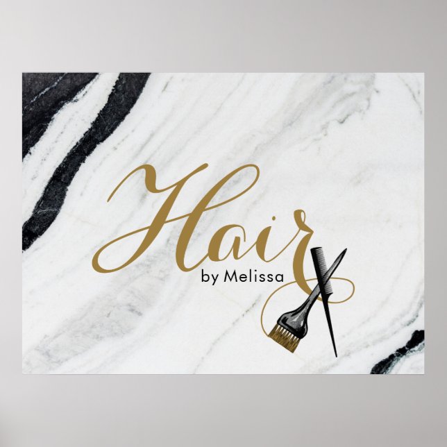 Modern Black & White Marble Gold Hair Stylist Poster (Front)