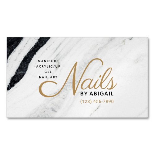 Modern Black  White Marble Gold Nails By Name Business Card Magnet