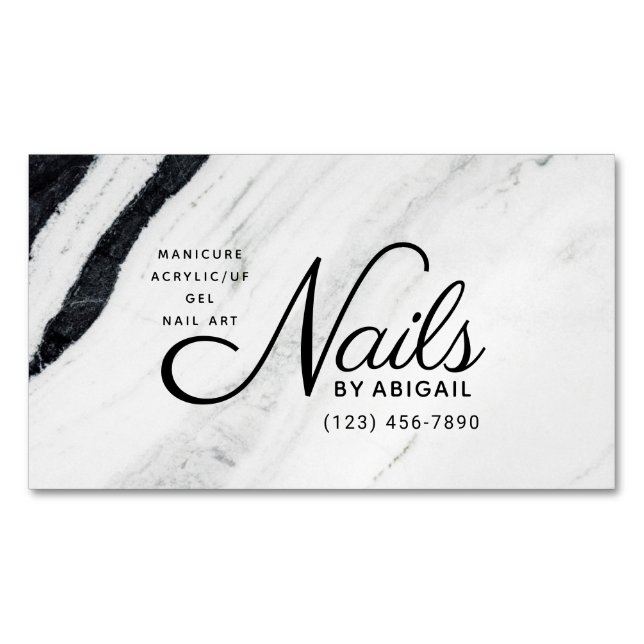 Modern Black & White Marble Nails By "Name" Business Card Magnet (Front)