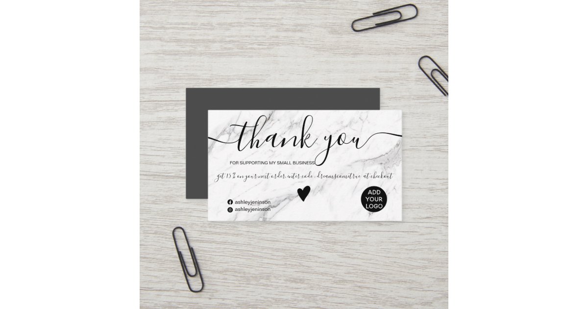 Modern black white marble order thank you business card | Zazzle