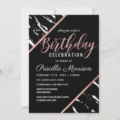 Modern Black White Marble Rose Gold Chic Birthday Invitation