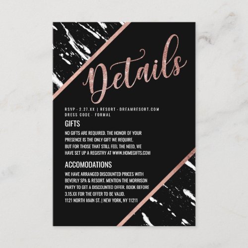 Modern Black White Marble Rose Gold Chic Details Enclosure Card