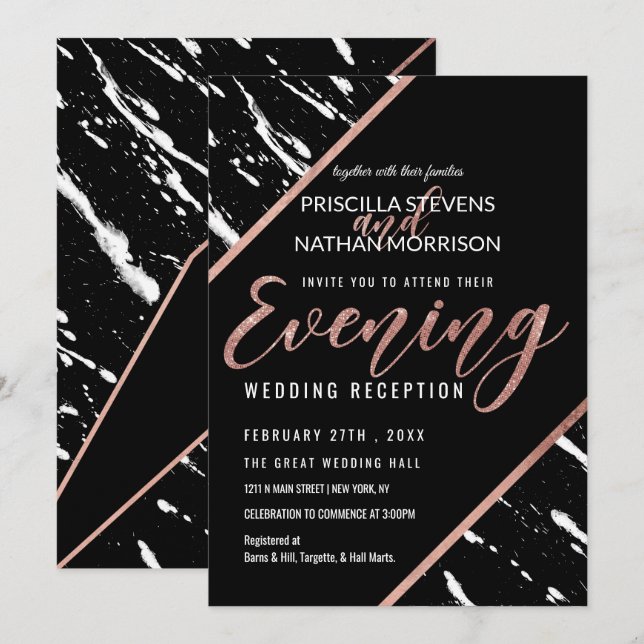 Modern Black White Marble Rose Gold Chic Evening Invitation (Front/Back)