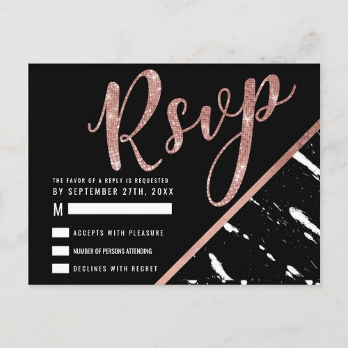 Modern Black White Marble Rose Gold Chic RSVP Postcard