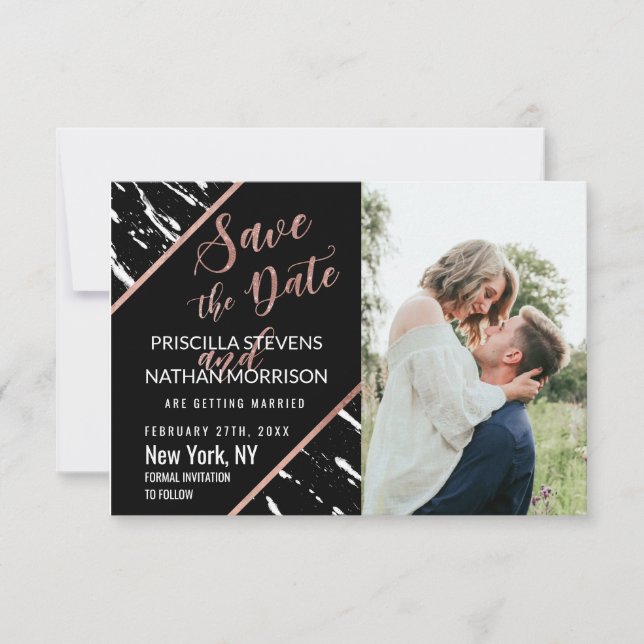 Modern Black White Marble Rose Gold Chic Save The Date (Front)