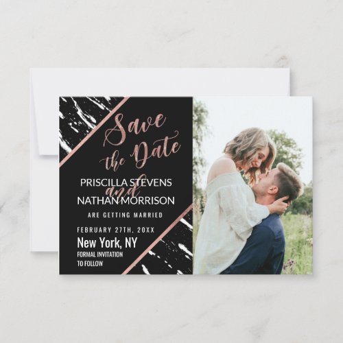 Modern Black White Marble Rose Gold Chic Save The Date