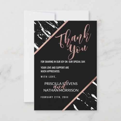 Modern Black White Marble Rose Gold Chic Thank You Card