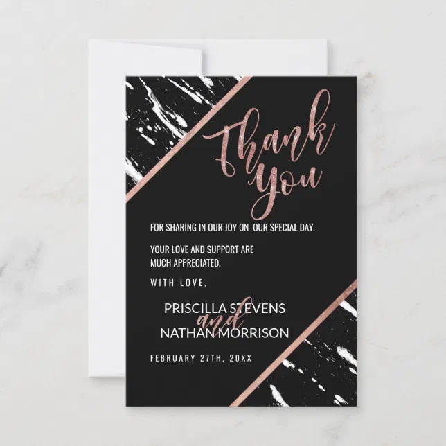 Modern Black White Marble Rose Gold Chic Thank You Card | Zazzle
