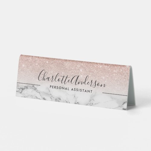 Modern black white marble rose gold glitter ombre table tent sign