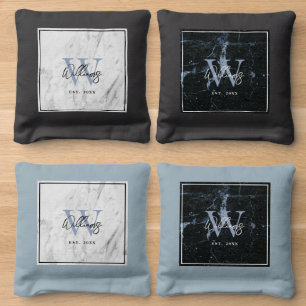 Modern Black White Marble Script Typography Cornhole Bags