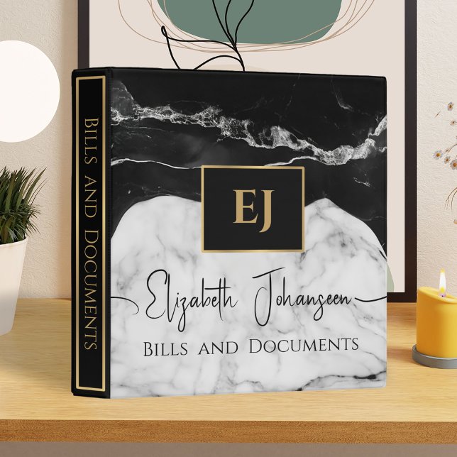 Modern Black White Marble Texture Gold Monogrammed 3 Ring Binder (Creator Uploaded)