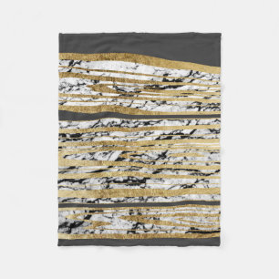 Modern Black White Marble with Faux Gold Stripes Fleece Blanket