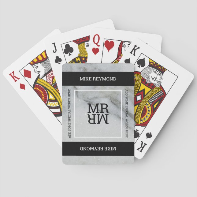 Modern black & white marbled playingcard with name poker cards (Back)