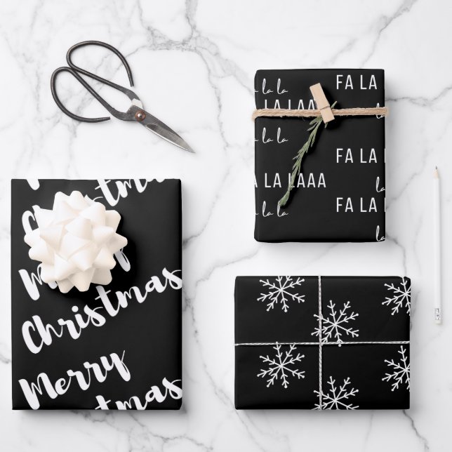 Modern Black White Merry Christmas Calligraphy  Wrapping Paper Sheets (Front)