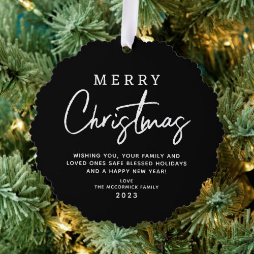 Modern Black White Merry Christmas Script Custom Ornament Card