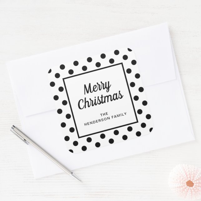 Modern Black White Merry Christmas Square Sticker (Envelope)