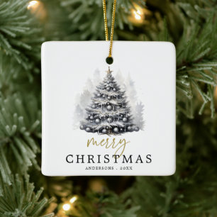 Modern Black & White Merry Christmas Tree Family Ceramic Ornament
