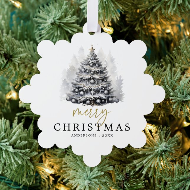 Modern Black & White Merry Christmas Tree Family Ornament Card (Insitu (Tree))
