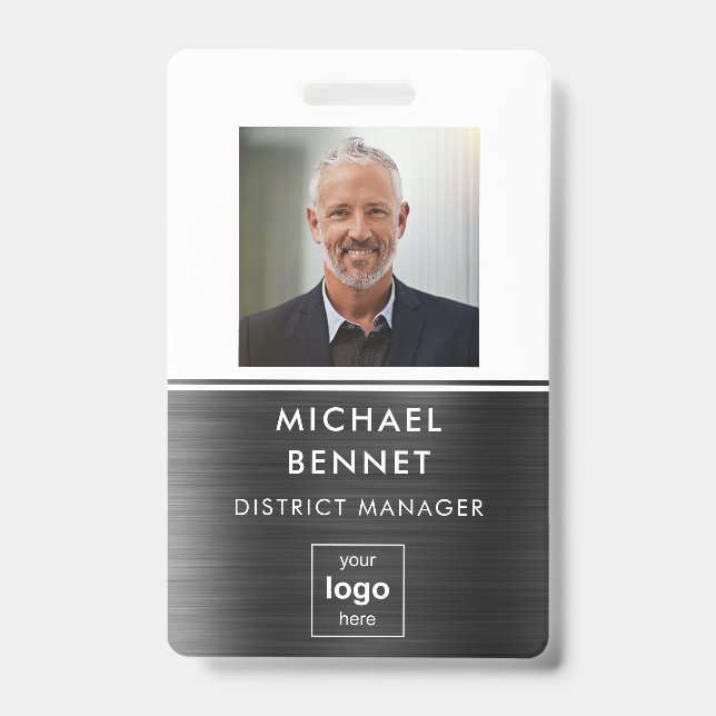 Modern Black White Metal Employee Photo ID  Badge (Front)