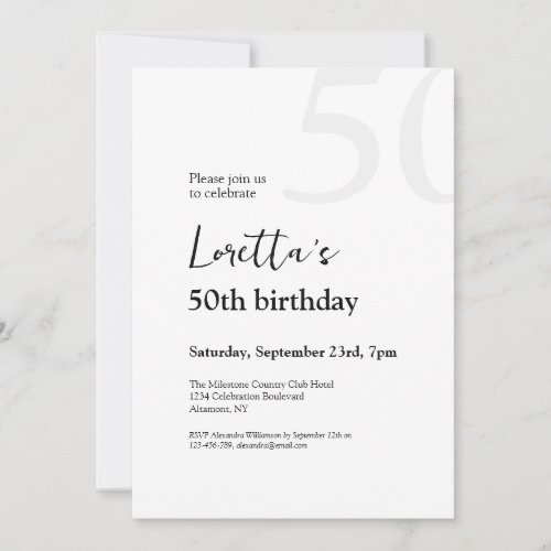 Modern Black  White Minimal 50th Birthday Party  Invitation