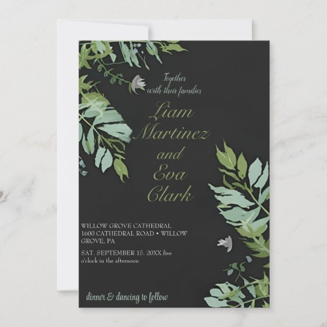 Modern Black & White Minimal Leaf Wedding Invitati Invitation (Front)