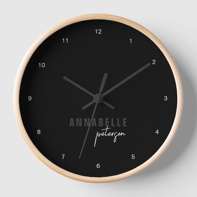 Modern Black & White Minimal Script Personalized Clock (Front)