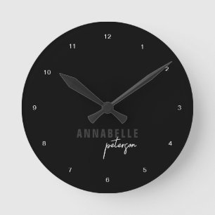 Modern Black & White Minimal Script Personalized Round Clock