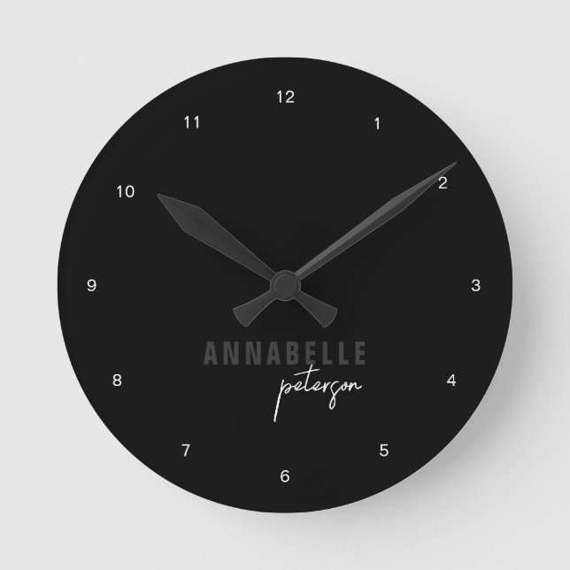 Modern Black & White Minimal Script Personalized Round Clock (Front)