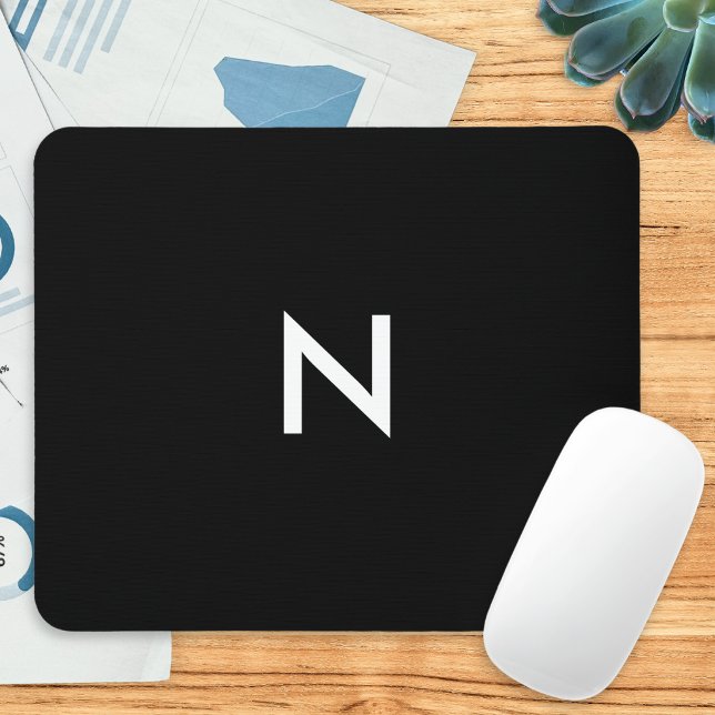 Modern Black White Minimalist Monogram Initial Mouse Pad (A sleek black mouse mat personalized with a white monogram initial in a minimalist style)