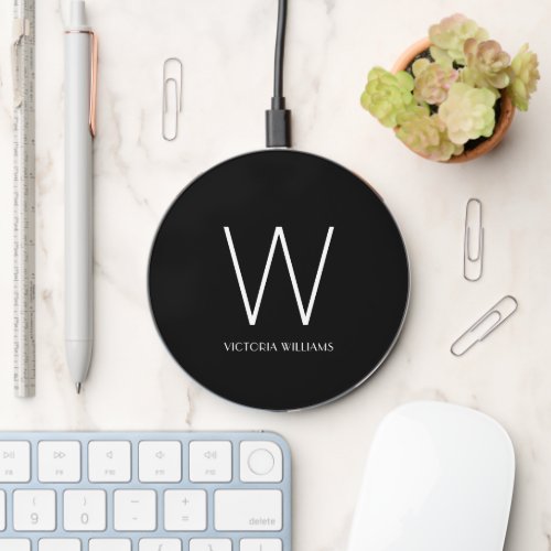 Modern black white minimalist monogram name wireless charger 