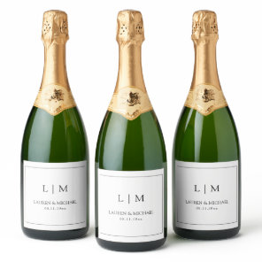 Modern Black & White Minimalist Monogram Wedding Sparkling Wine Label