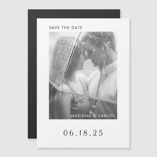 Modern Black White Minimalist Photo Save the Date Magnetic Invitation (Front/Back)