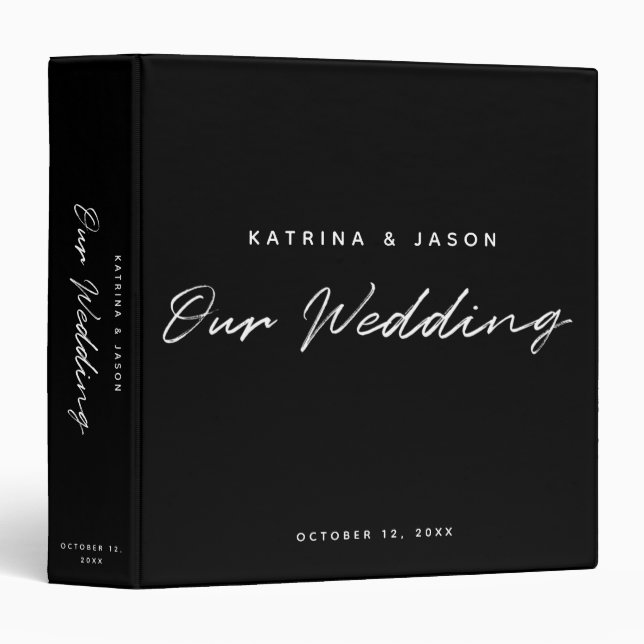 Modern Black White Minimalist Script Wedding 3 Ring Binder (Front/Spine)