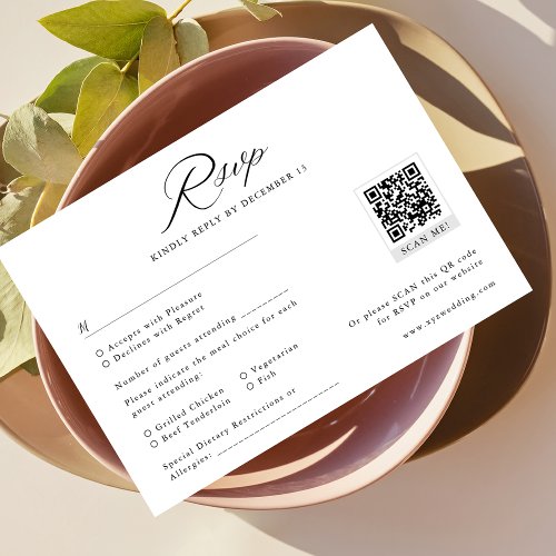 Modern Black  White Minimalist Wedding QR Code RSVP Card