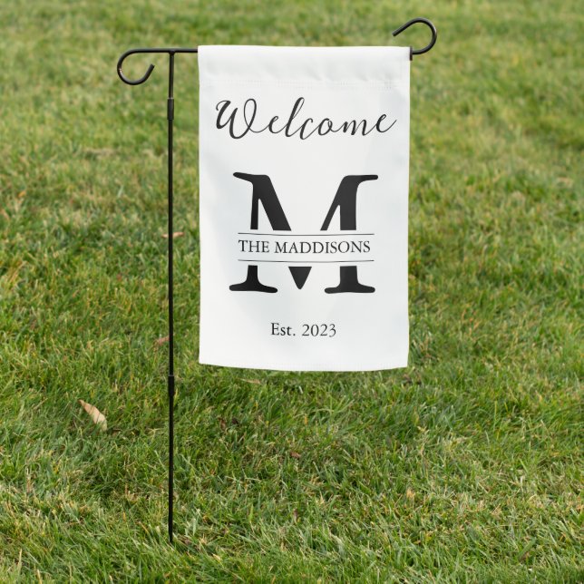 Modern Black & White Minimalistic Monogram Family Garden Flag (In SItu)