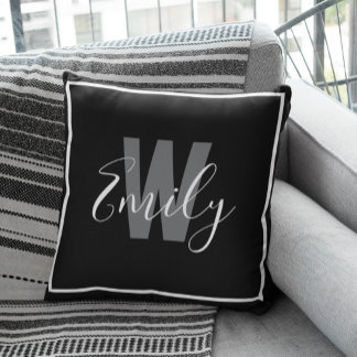 Modern Black White Monogram Border Throw Pillow