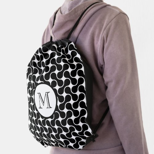 Modern Black White Monogram Geometric Pattern Drawstring Bag