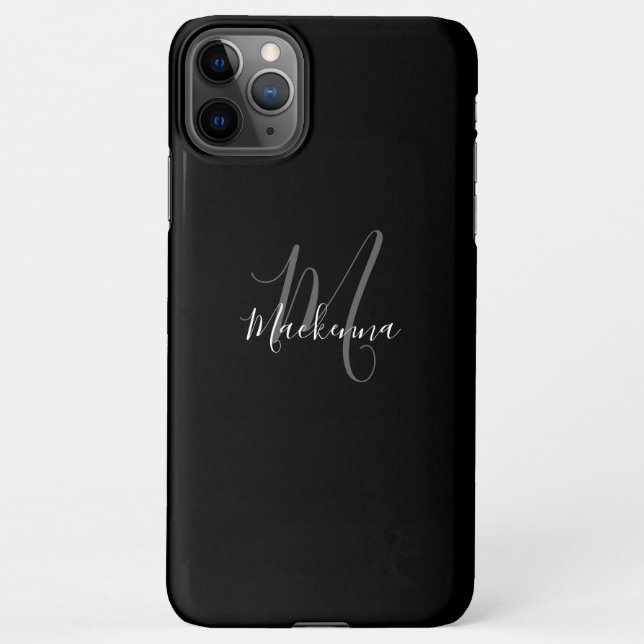 Modern Black White Monogram Girly Script Name Chic iPhone Case (Back)