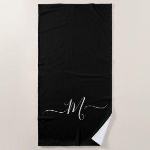 Modern Black White Monogram Initial Beach Towel