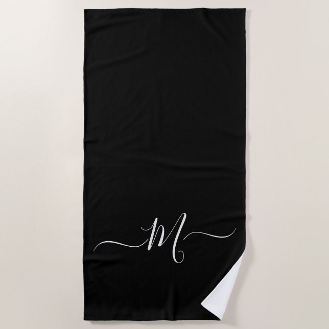 Modern Black White Monogram Initial  Beach Towel (Front)
