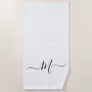 Modern Black White Monogram Initial Beach Towel