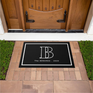 Modern Black White Monogram Initial Family Name Doormat