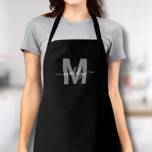 Modern Black White Monogram Initial Name Apron
