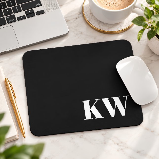 Modern Black White Monogram Initials Personalized Mouse Pad (Creator Uploaded)