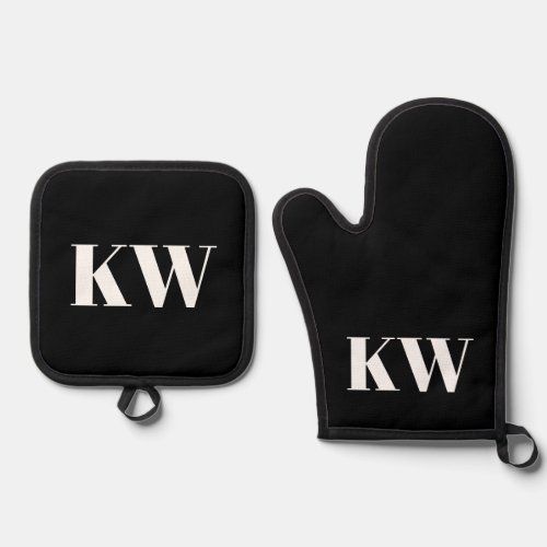 Modern Black White Monogram Initials Personalized Oven Mitt  Pot Holder Set