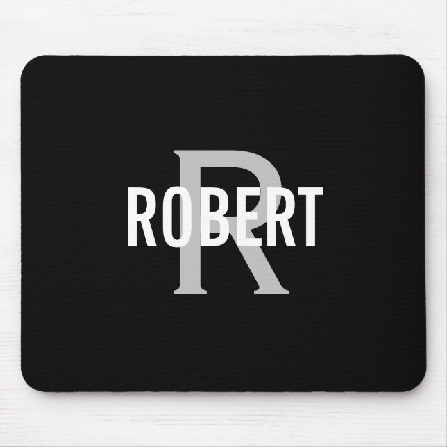 Modern black white monogram men name mouse pad (Front)